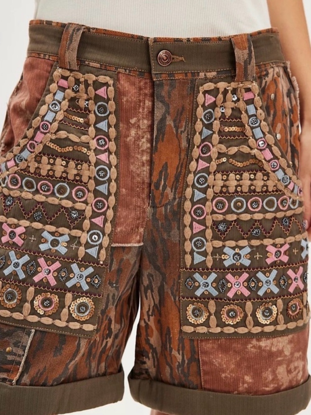 Free People One More Night Bohemian Patchwork Shorts Embellished Pockets Large - Picture 3 of 6